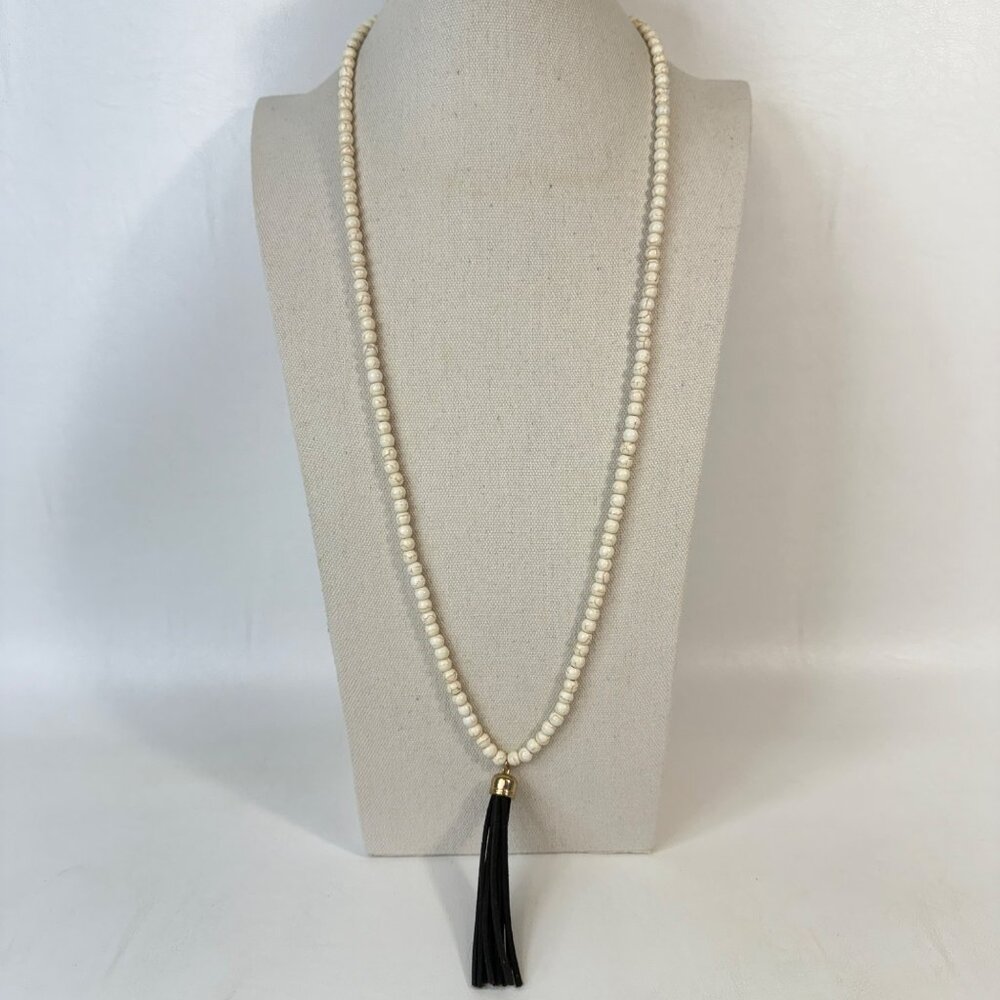 Leather Tassel and Stone Bead Necklace Mala Adjustable